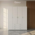 White wardrobe cabinet with four panel doors and three pull-out drawers
