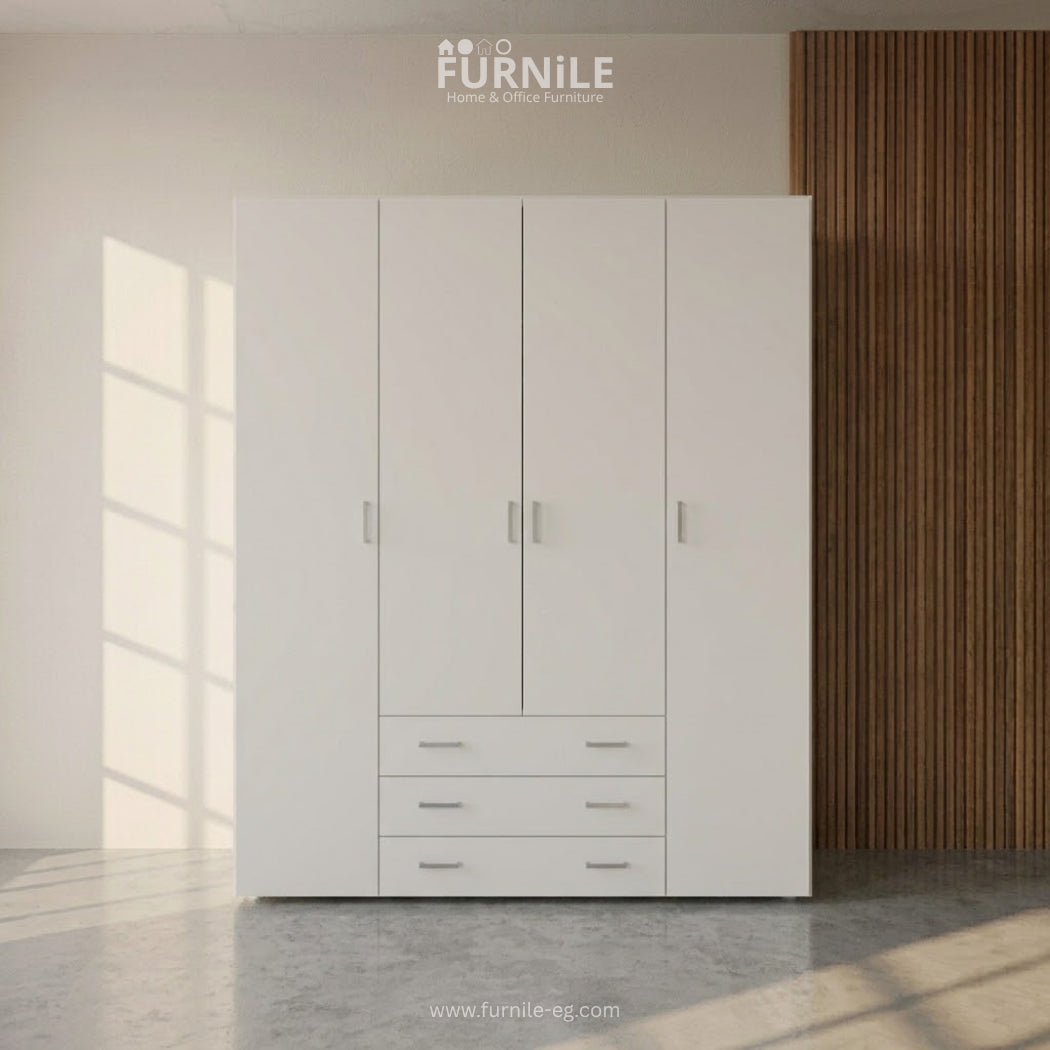 White wardrobe cabinet with four panel doors and three pull-out drawers