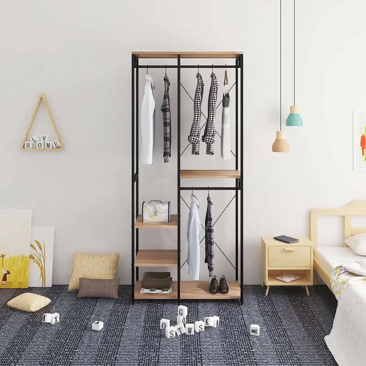 H10 Metal Clothes Hanger – Metal Frame, MDF Shelves, 90x40x204cm
