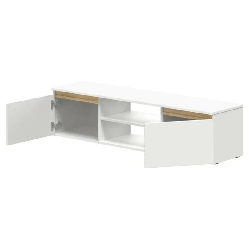 White TV unit with two side compartments and sliding doors showing interior shelves