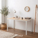 Rectangular desk with light wood top and white metal legs, simple open shelving front.