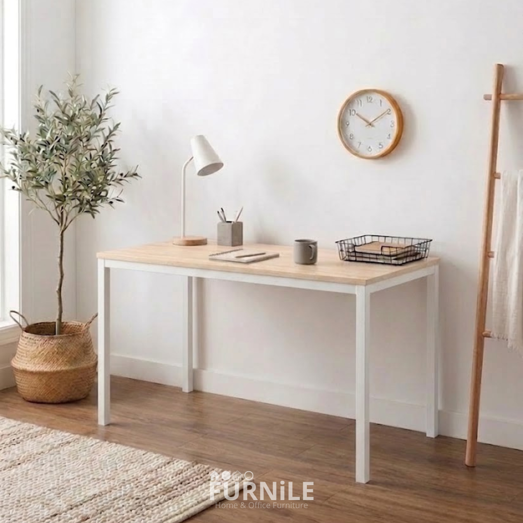Rectangular desk with light wood top and white metal legs, simple open shelving front.