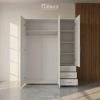 White wardrobe with open doors, shelves, and three drawers
