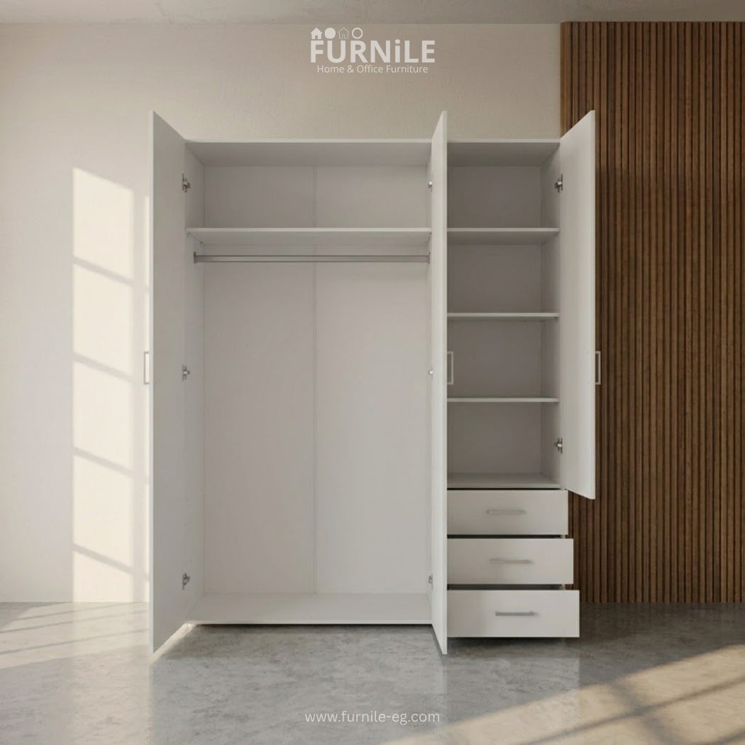 White wardrobe with open doors, shelves, and three drawers