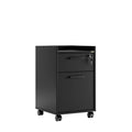 Mobile drawer unit with two dark drawers, roller casters, front lock
