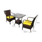 3-piece outdoor dining set; chairs 90 cm tall, table 70 cm, yellow cushions, gray top