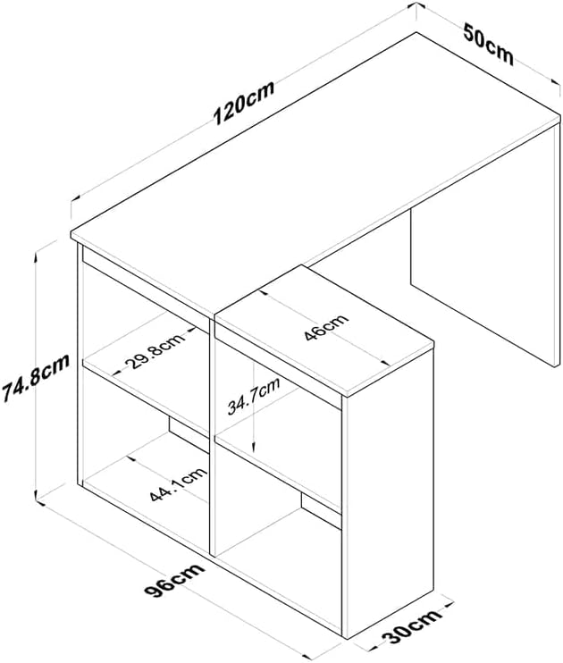 Desk dimension diagram showing tabletop and pull-out shelf measurements