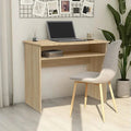 Light wood-look computer desk with open storage shelf and flat tabletop