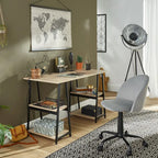 Metal-frame straight desk with light MDF top and lower shelf, two-tone base