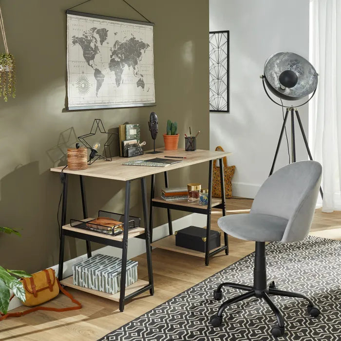 Metal-frame straight desk with light MDF top and lower shelf, two-tone base