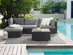 3-piece outdoor wicker seating set with gray cushions and dark woven coffee table