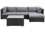 3-piece outdoor sectional sofa with gray cushions and matching dark woven coffee table