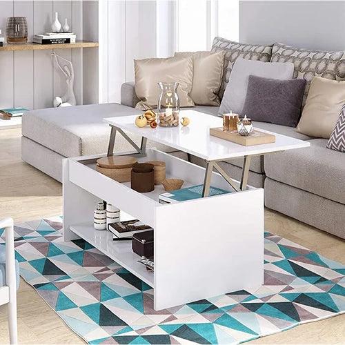 White MDF rectangular coffee table with open storage shelf and angled legs