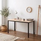 Rectangular desk with dark wood top and black metal legs, open cabinet front.
