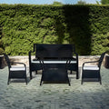 Outdoor patio furniture set: 2 armchairs, loveseat, and coffee table, dark finish
