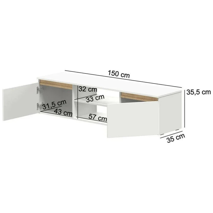 White MDF TV unit with dimensions labeled: 150cm x 35.5cm x 35cm