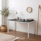 Rectangular desk with dark tabletop and white metal legs, open cabinet front.