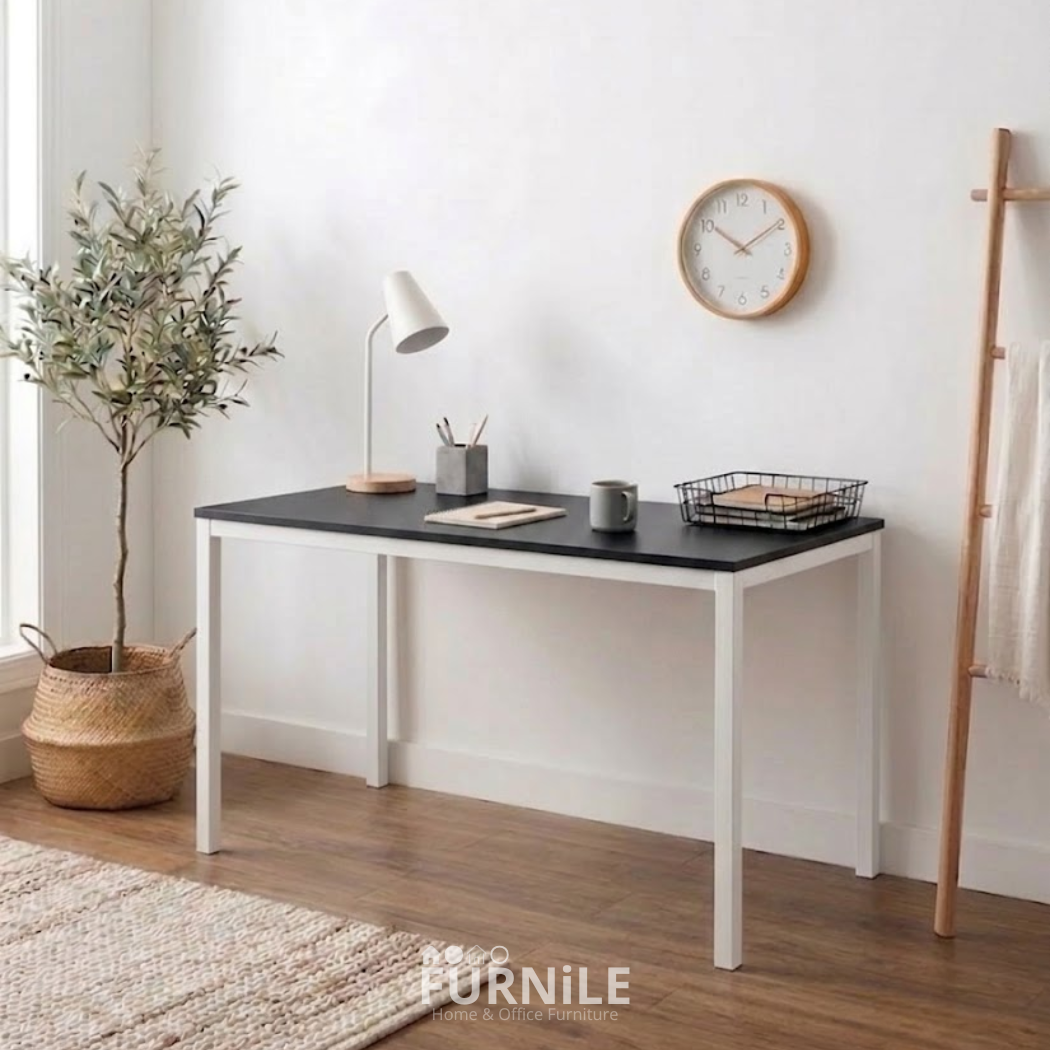 Rectangular desk with dark tabletop and white metal legs, open cabinet front.