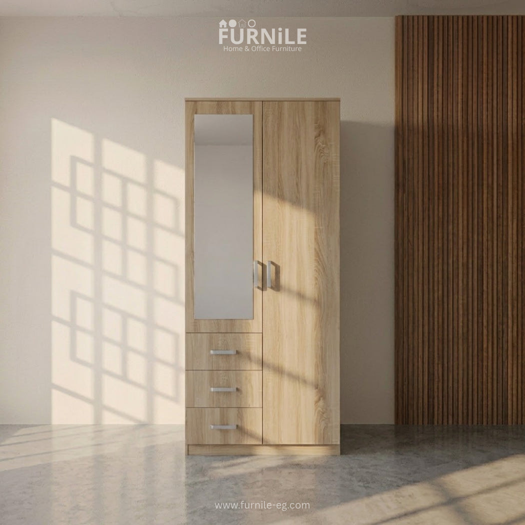 Wooden wardrobe with tall mirror door and three drawer fronts