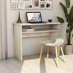 White home office desk with open storage shelf and corner view with chair