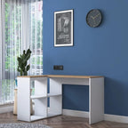White desk with light wood top and open cubby shelves on left side