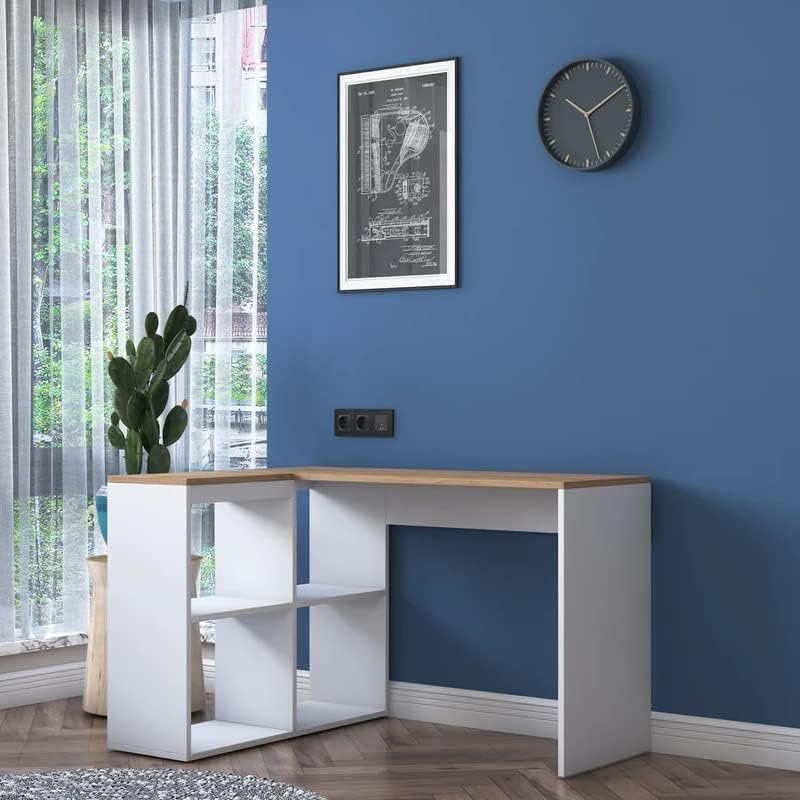 White desk with light wood top and open cubby shelves on left side