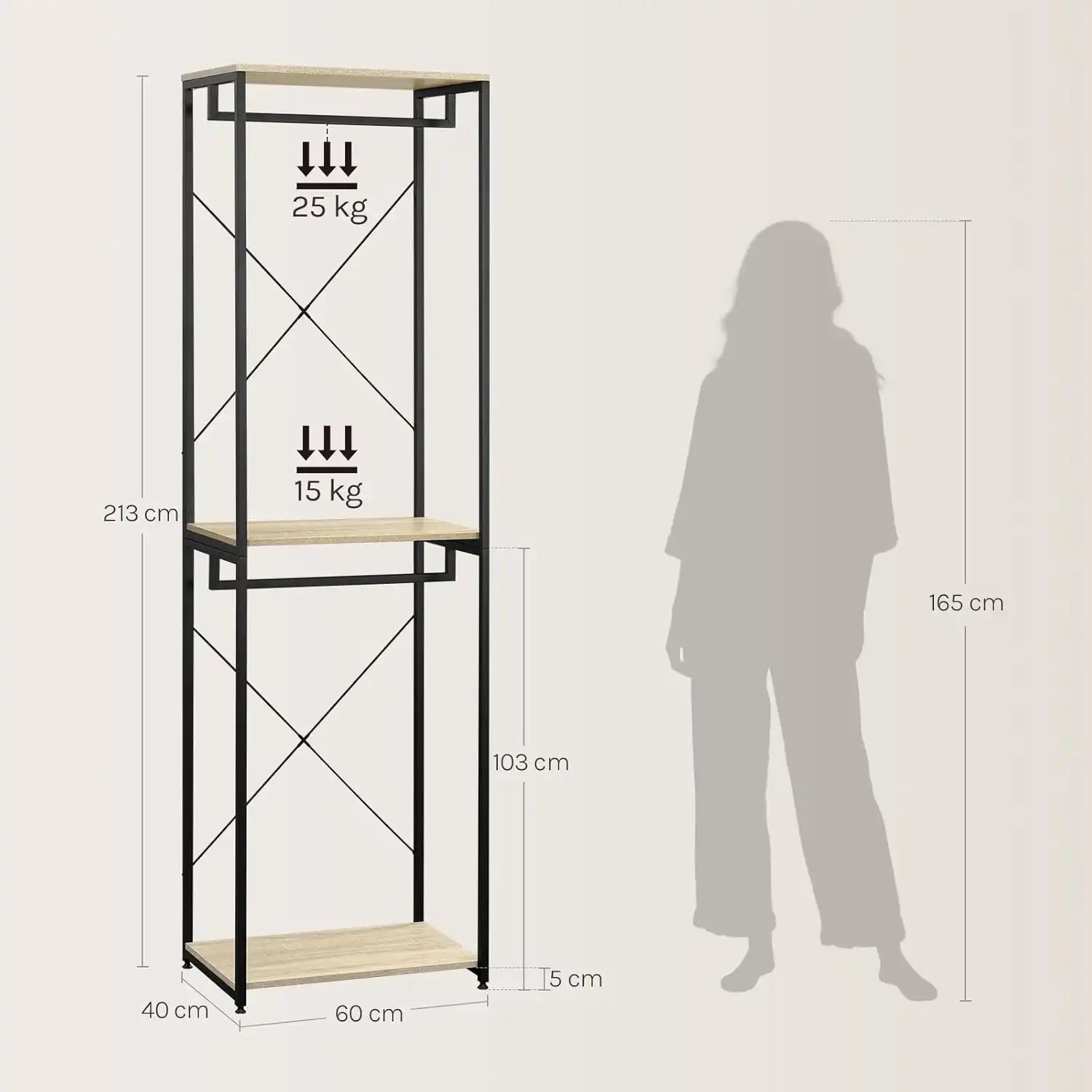 H08 Metal Clothes Hanger – Metal Frame, MDF Shelves, 60x40x213cm