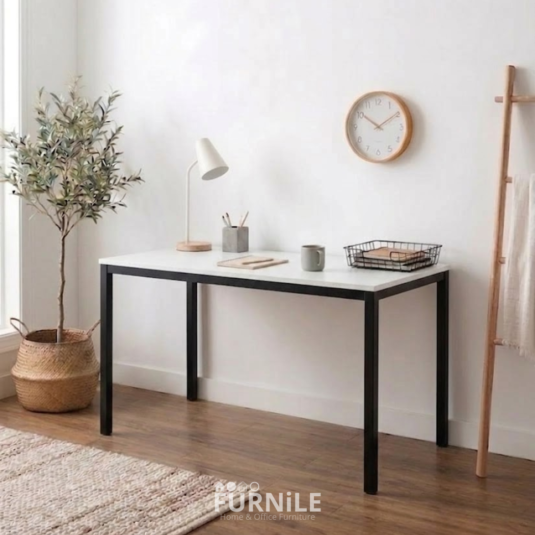 Rectangular desk with white body, dark tabletop, and black metal legs, open front.