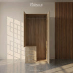 Wooden wardrobe with open door, hanging compartment, and three drawer fronts