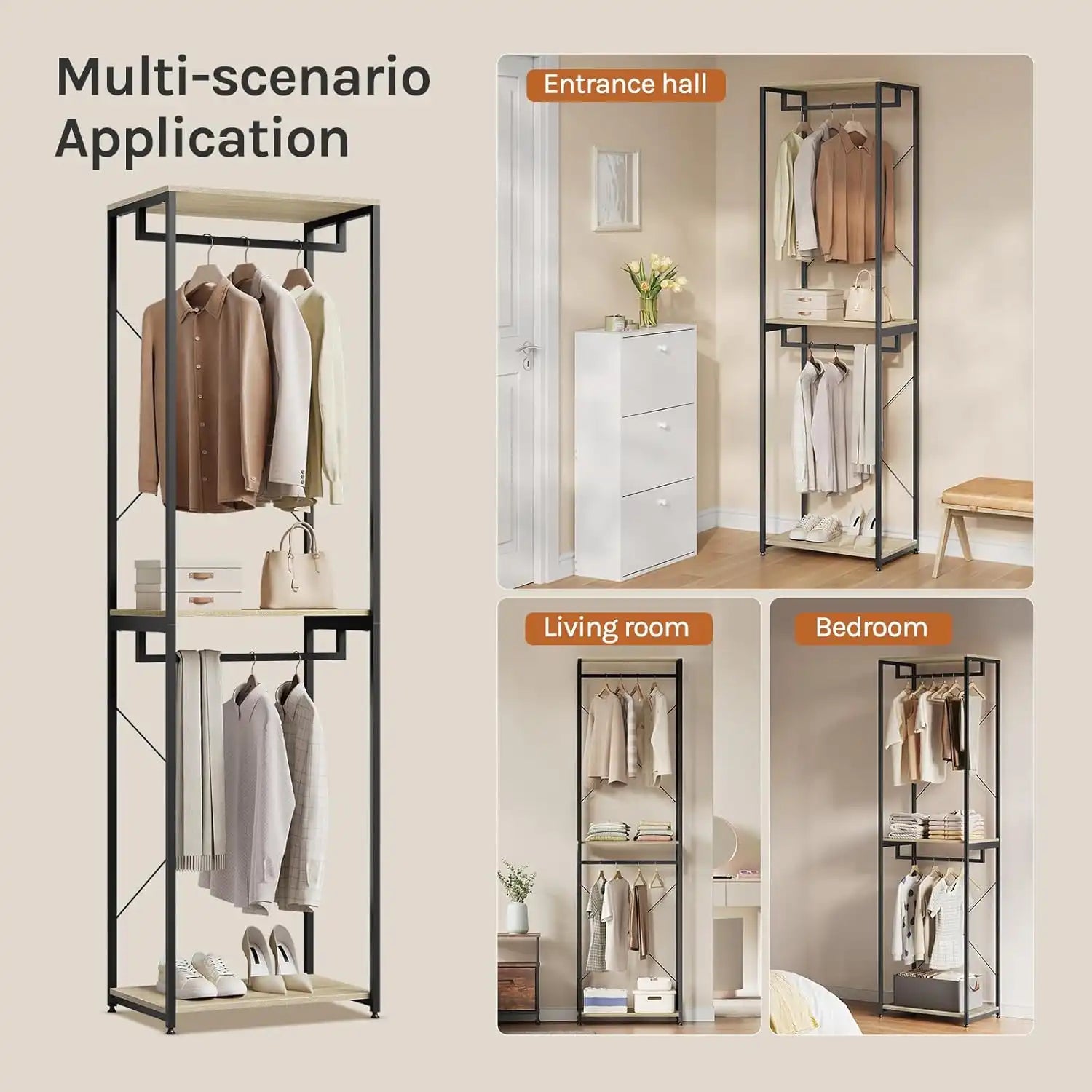 H08 Metal Clothes Hanger – Metal Frame, MDF Shelves, 60x40x213cm
