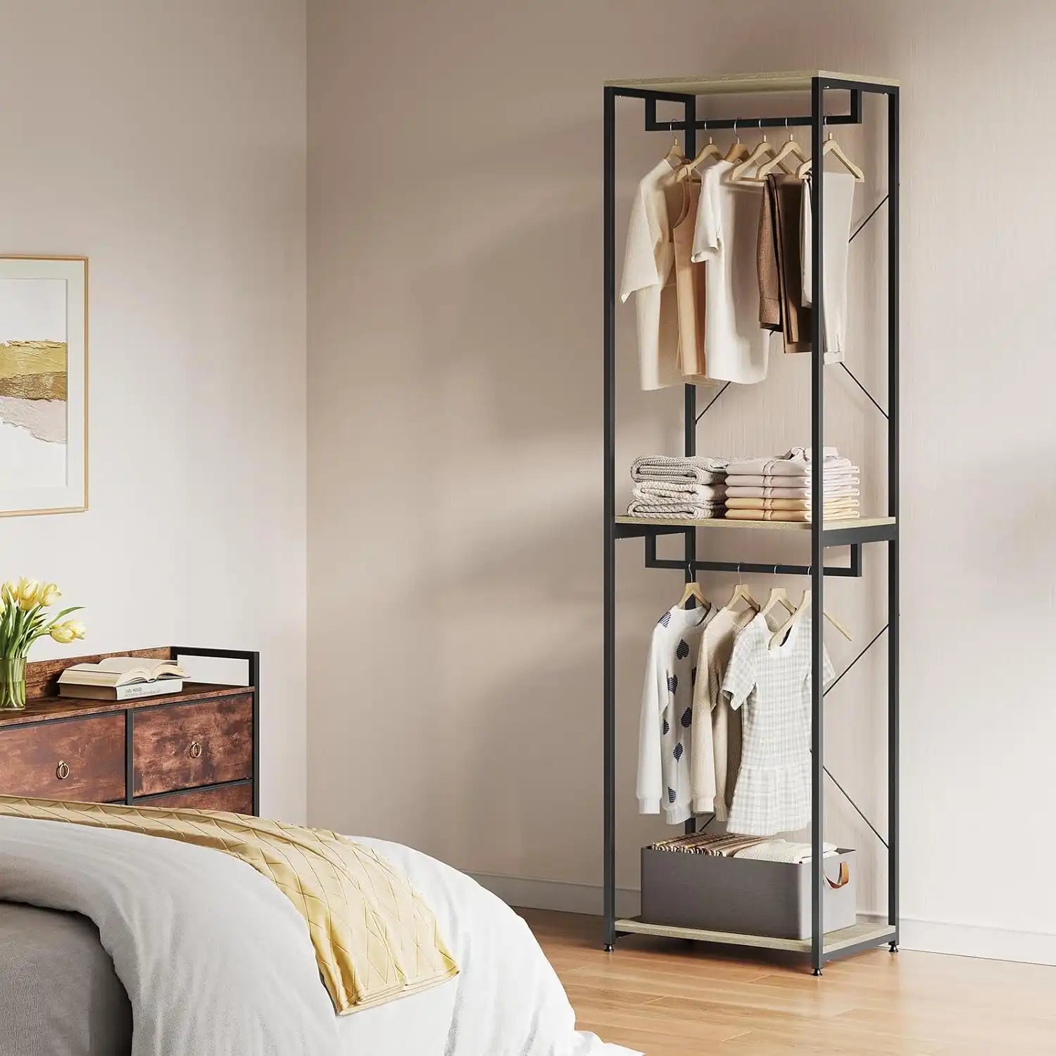 H08 Metal Clothes Hanger – Metal Frame, MDF Shelves, 60x40x213cm