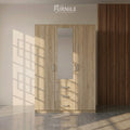 Wooden wardrobe with mirrored center panel and two doors, two side handles