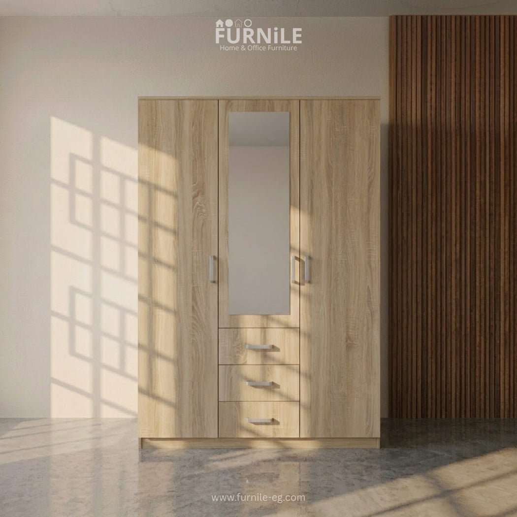 Wooden wardrobe with mirrored center panel and two doors, two side handles