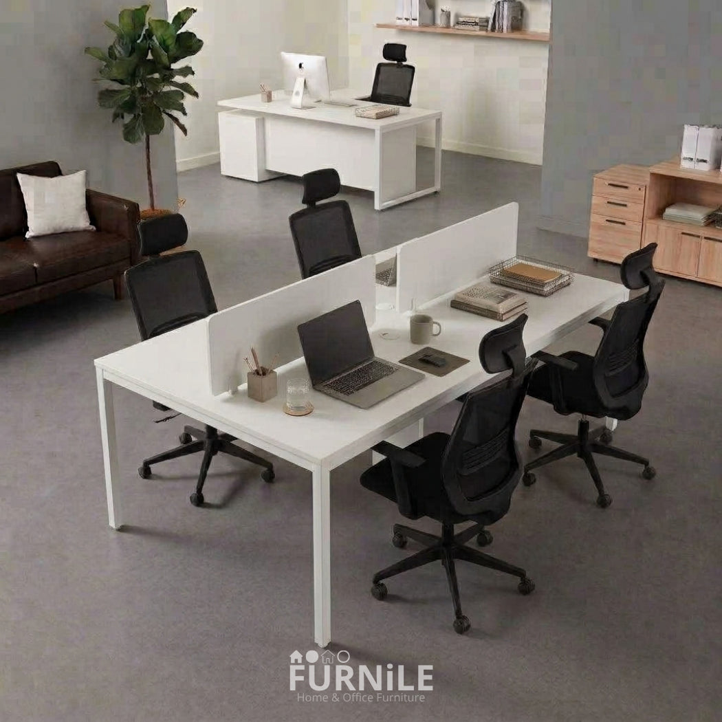 4-seat office workstation desk with white MDF top and white metal frame