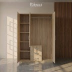 Wooden wardrobe open with shelving, two doors, and small drawer at center