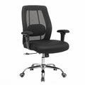 Black mesh office chair with padded seat, curved armrests, and chrome caster base