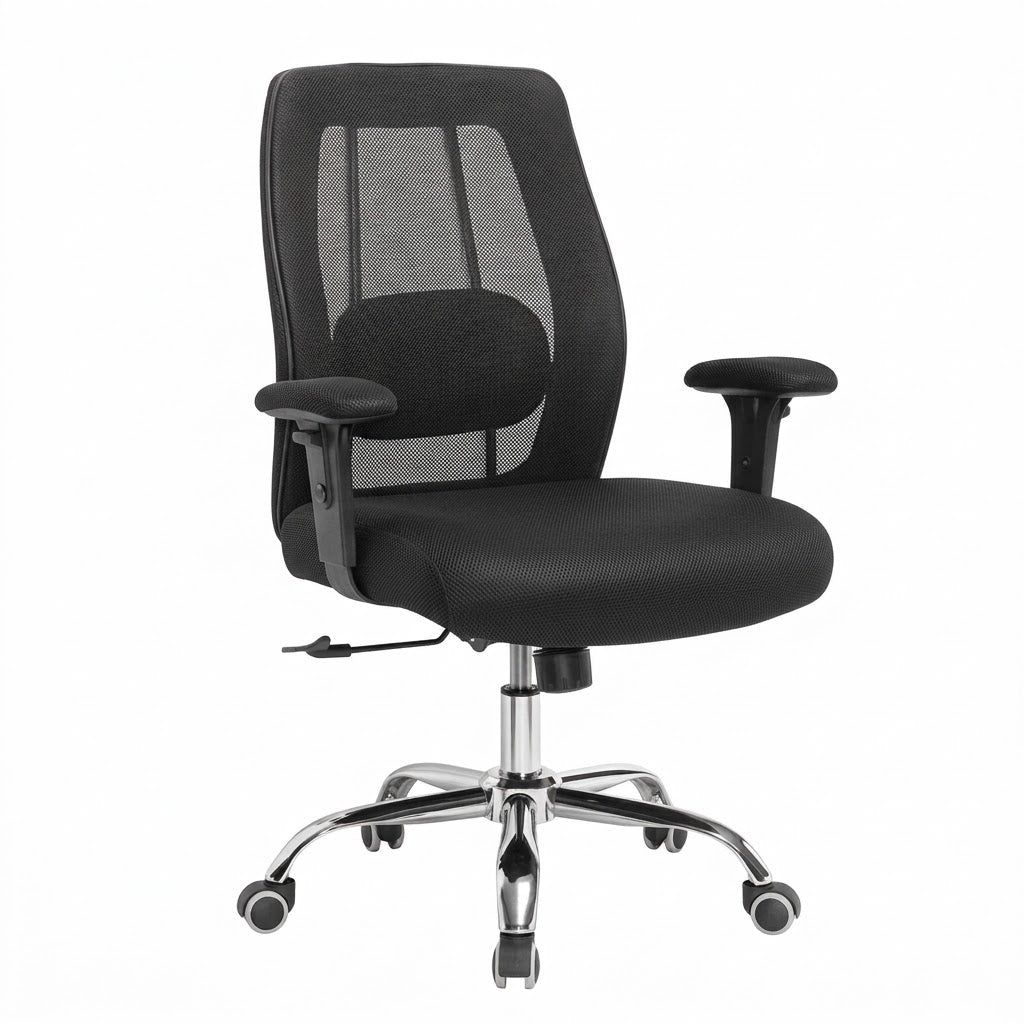Black mesh office chair with padded seat, curved armrests, and chrome caster base