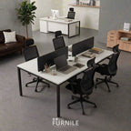 4-seat office workstation table with white MDF top and black metal frame
