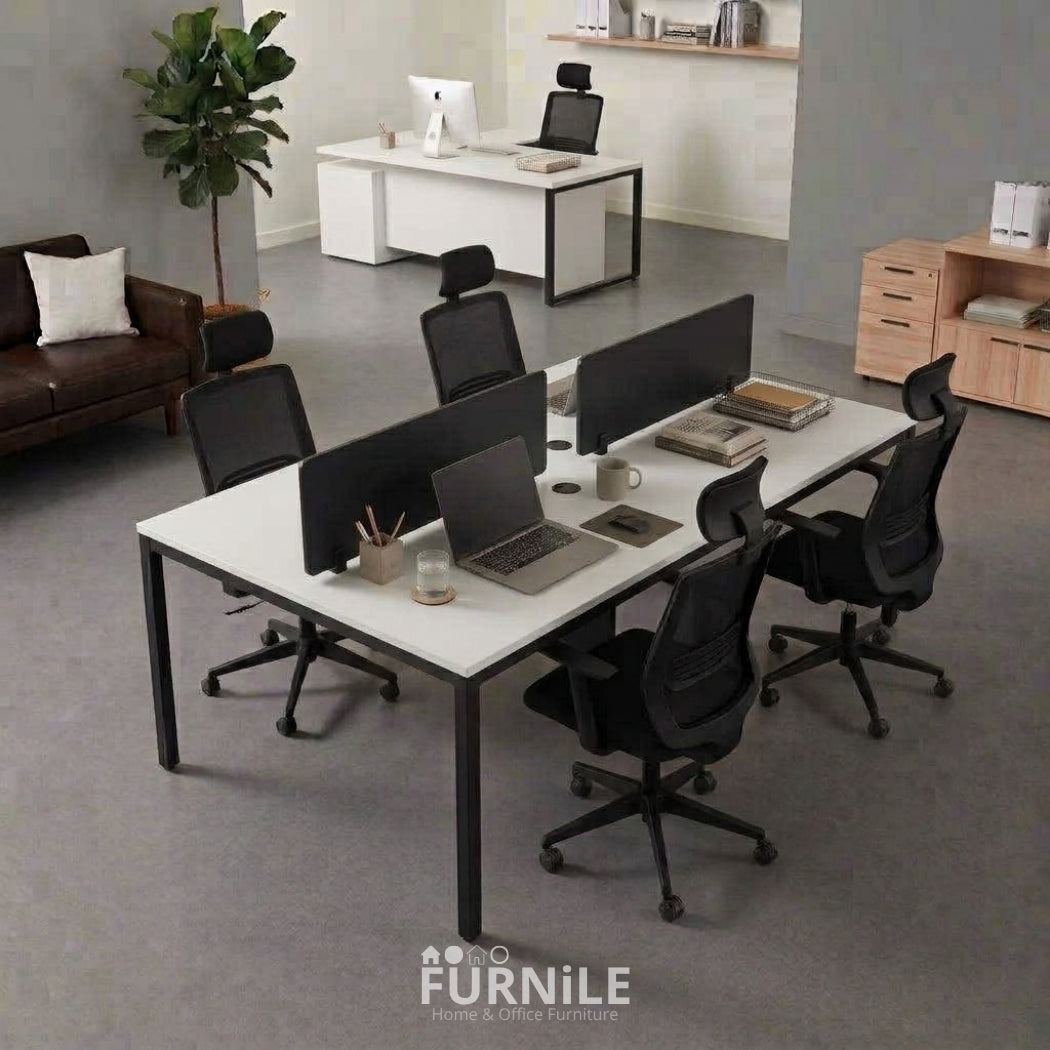 4-seat office workstation table with white MDF top and black metal frame