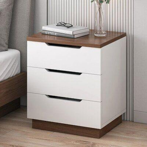 MDF commode cabinet with two drawers, white body and dark wood top, 45x40x50 cm