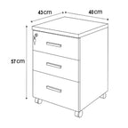 3-drawer white mobile drawer unit with bar pulls and lock, on caster wheels