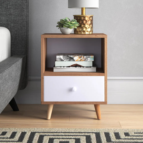 Wood-look MDF commode with open top compartment and front drawer, rounded knob, 4 legs