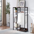 Metal clothes hanger rack with MDF shelves and open cubby frame, black finish