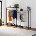 Clothes hanger rack with black metal frame and MDF shelves, hanging rods and hooks.