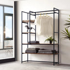 Clothes hanger rack with black metal frame, MDF shelves, hanging bar