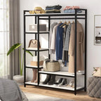 Black metal clothing rack with hanging bar and MDF shelves for folded items
