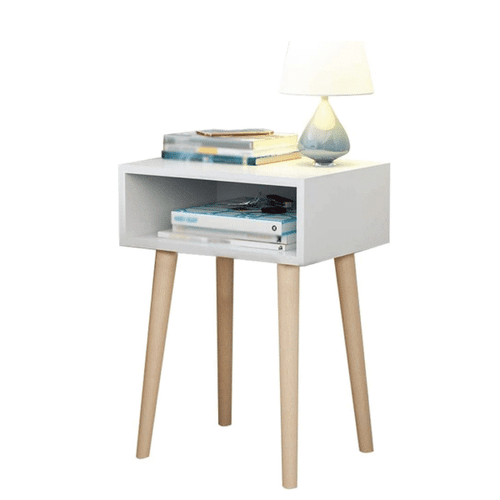 White MDF side table commode with open shelf and drawerless cabinet, 4 tapered legs