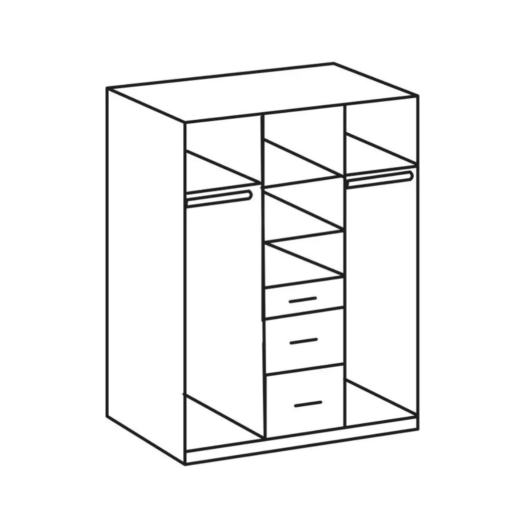 Wardrobe cabinet with open shelves and drawers, dark frame, geometric panel design
