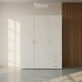 White wardrobe cabinet with 3 doors and drawers, vertical storage design