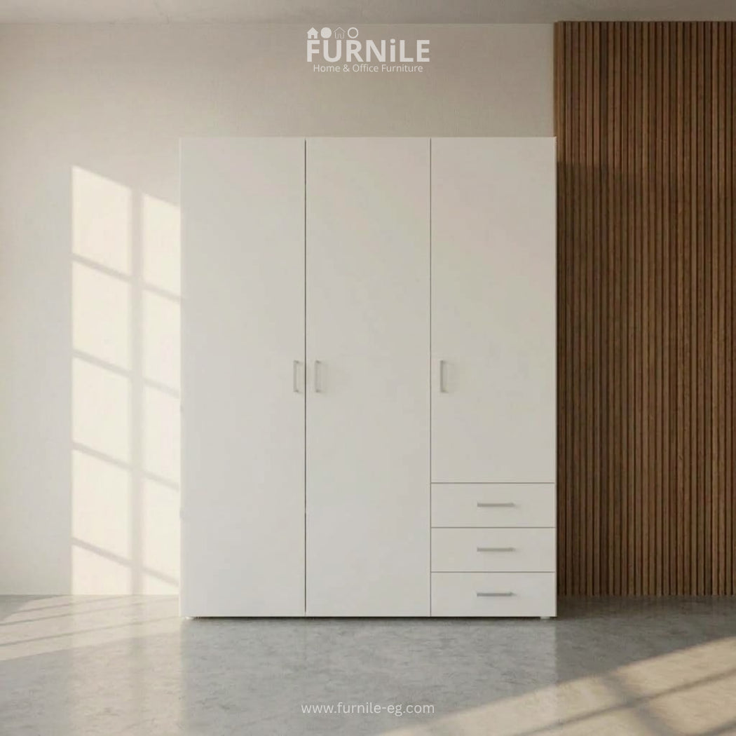 White wardrobe cabinet with 3 doors and drawers, vertical storage design